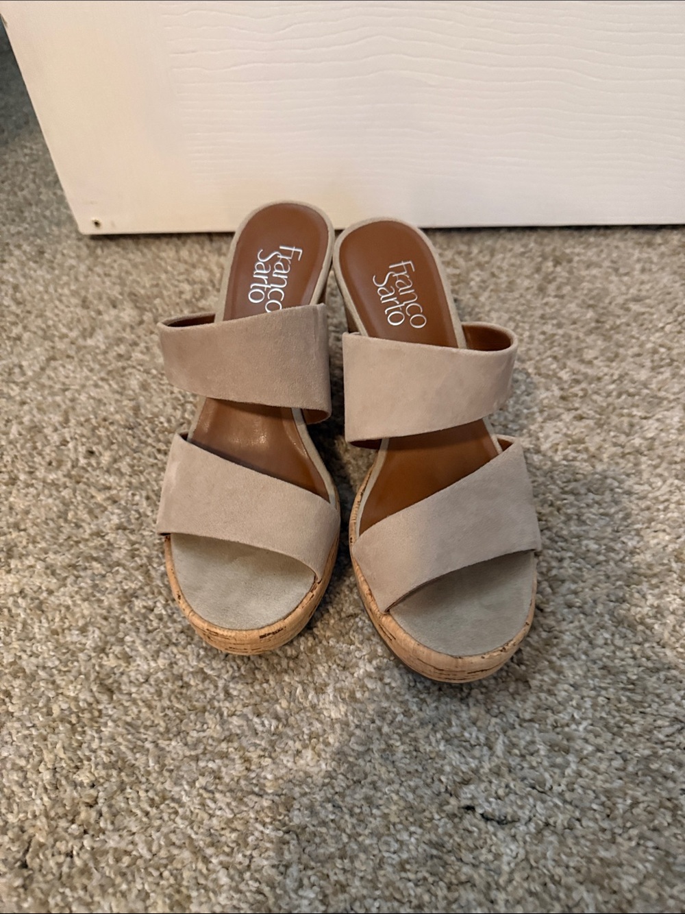 Franco Sarto Beige Suede Double-Strap Cork Wedge Slides